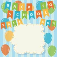 Back to school banner with hanging flag garlands, balloons and blank stitched cloud on blue strips background