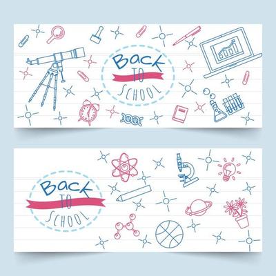 Back to school banners with school elements line art on notebook paper