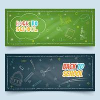 Back to school banners with chalk drawing of school elements on green and black textured chalkboard