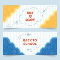 Back to school banners on white grid paper with school elements and paper planes line art vector