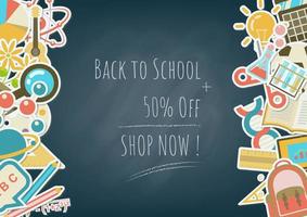 Back to school background with school element stickers on left and right side on black chalkboard vector