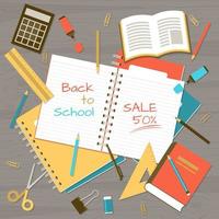 Back to school banner with note pads, school elements on wooden table from top view vector