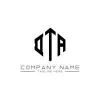 DTA letter logo design with polygon shape. DTA polygon and cube shape logo design. DTA hexagon vector logo template white and black colors. DTA monogram, business and real estate logo.