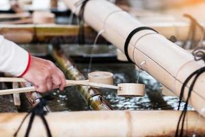 Tourist washing hands in pavilion at Fushimi Inari Shrine, located in Fushimi-ku. landmark and popular for tourists attractions in Kyoto. Japanese text is mean good luck photo