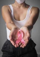 Woman hands holding pink ribbons and using face mask for breast cancer awareness, Breast cancer coronavirus. healthcare and medicine concept. photo