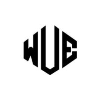 WUE letter logo design with polygon shape. WUE polygon and cube shape logo design. WUE hexagon vector logo template white and black colors. WUE monogram, business and real estate logo.