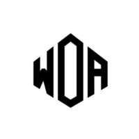 WOA letter logo design with polygon shape. WOA polygon and cube shape logo design. WOA hexagon vector logo template white and black colors. WOA monogram, business and real estate logo.