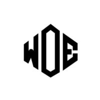 WOE letter logo design with polygon shape. WOE polygon and cube shape logo design. WOE hexagon vector logo template white and black colors. WOE monogram, business and real estate logo.