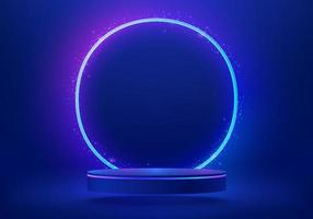Abstract blue cylinder pedestal podium. Sci-fi blue abstract room with glowing circle ring neon lamp lighting. Vector rendering 3d shape, Product display mockup. Futuristic scene. Stage for showcase.