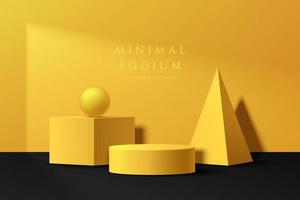 Abstract 3D room with realistic yellow geometric pedestal podium set on black floor. Minimal wall scene for product display presentation. Vector geometric platform design. Stage for showcase.