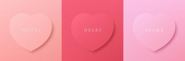 Set of pastel pink, and red 3D heart shape frame design. Elements for valentine day festival design. Collection of geometric backdrop for cosmetic product display. Top view. Vector illustration