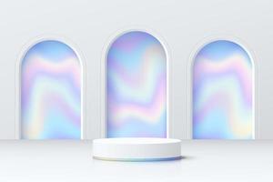 Abstract 3D room with realistic white cylinder pedestal podium and blue hologram in arch shape window. Minimal scene for product display presentation. Vector geometric platform. Stage for showcase.