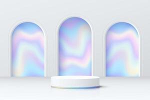 Abstract 3D room with realistic white cylinder pedestal podium and blue hologram in arch shape window. Minimal scene for product display presentation. Vector geometric platform. Stage for showcase.