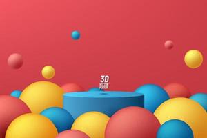 Abstract 3D room and realistic stand or podium with blue, yellow and red sphere balls flying. Minimal wall scene for product display presentation. Vector geometric platform design. Stage for showcase.