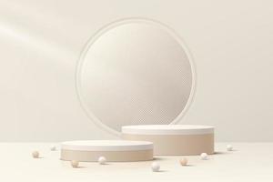 Abstract realistic 3D light brown cylinder pedestal podium set and glowing glitter in circle window. Minimal scene for product display presentation. Vector geometric platform design. Stage showcase.