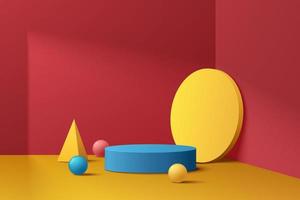 Abstract 3D room with realistic blue, yellow and red geometric pedestal podium set design. Minimal wall scene for product display presentation. Vector geometric platform design. Stage for showcase.