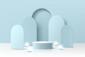 Abstract 3D room with realistic blue cylinder pedestal podium and arch shape backdrop, ball lamp. Minimal scene for product display presentation. Vector geometric platform design. Stage for showcase.