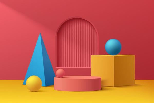 Abstract 3D room with realistic blue, yellow and red geometric pedestal podium set and arch window. Minimal scene for product display presentation. Vector geometric platform design. Stage showcase.