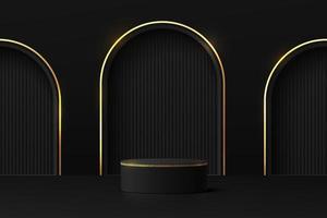 3D abstract room and realistic black cylinder pedestal podium with luxury gold arch shape window scene. Minimal scene for product display presentation. Vector geometric platform. Stage for showcase.