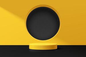 3D abstract room and realistic yellow cylinder pedestal podium with black circle window on the wall. Minimal scene for product display presentation. Vector geometric platform. Stage for showcase.