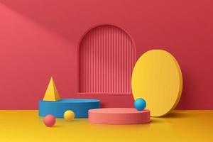 Abstract 3D room with realistic blue, yellow and red geometric pedestal podium set and arch window. Minimal scene for product display presentation. Vector geometric platform design. Stage showcase.
