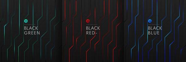 Set of dynamic green, blue and red light on black metallic cyber geometric design in circuit  style. Modern technology futuristic dark background. Design for banner, cover, web, flyer. Vector EPS10