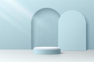 Abstract 3D room with realistic blue cylinder pedestal podium and vertical stripes in arch shape door. Minimal scene for product display presentation. Vector geometric platform design. Stage showcase.
