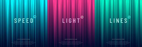 Set of pink, green, blue dynamic vertical speed stripes light lines on dark blue abstract background with copy space. Modern futuristic technology banner ideas collection design. Vector illustration