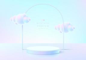 Abstract 3D room with realistic pink and blue hologram color cylinder podium. Pastel cloud flying. Minimal wall scene for mockup product display. Vector geometric forms. Round stage for showcase.