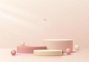 Abstract cream 3D room with set of realistic pink and beige cylinder pedestal podium. Minimal scene for product display presentation. Geometric forms design. Round stage for showcase. Vector EPS10