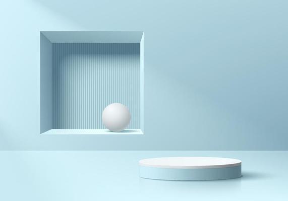 Abstract 3D room, Realistic blue and white cylinder pedestal podium with ball in square window background. Pastel minimal scene for mockup product display. Vector geometric forms. Stage showcase.