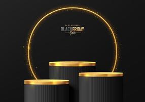 Abstract 3D room with set of steps realistic black and golden cylinder stand podium in black friday concept. Luxury minimal scene for mockup product display. Vector geometric forms. Stage showcase.