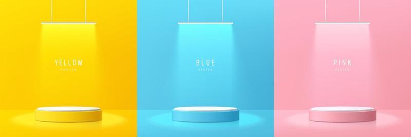 Set of yellow, blue and pink realistic 3d cylinder pedestal podium with glowing hanging lamps neon. Abstract vector rendering geometric forms. Pastel minimal scene. Stage showcase, Product display.