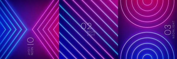 Set of blue and red-purple illuminate geometric neon light lines. Abstract vibrant color template design. Collection of glowing neon lighting on dark background with copy space. futuristic style. vector