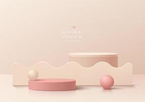 Abstract cream 3D room with set of realistic pink and beige cylinder pedestal podium. Geometric forms element. Minimal scene for product display presentation.  Round stage for showcase. Vector EPS10.