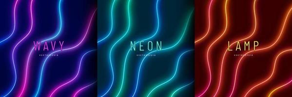 Set of blue-green, red-purple and orange-yellow illuminate lighting lines. Abstract vibrant color template design. Collection of glowing neon wavy lighting on dark background. futuristic style. vector