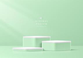 Set of green and white round corner cube pedestal podium. Minimal wall scene. Pastel color abstract room design. Vector geometric rendering 3d shape for cosmetic product display. Stage for showcase.