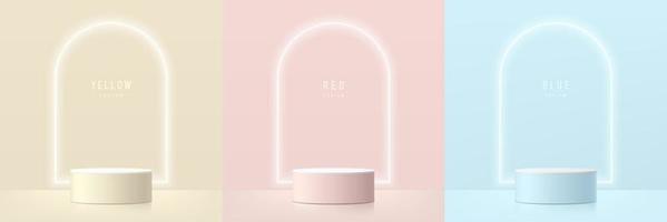 Set of abstract 3D room with beige, blue, pink realistic cylinder podium. Glowing neon light line in arch shape. Vector rendering geometric form. Mockup product display. Minimal scene. Stage showcase.