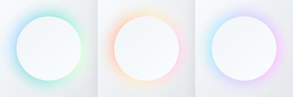 Set of blue, pink-purple and green circle frame on white background. Abstract 3D cosmic color backdrop. Collection of glowing neon color on geometric background with copy space. Top view. Vector EPS10