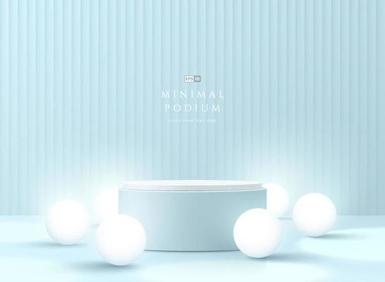 Abstract 3D room with realistic blue and white cylinder pedestal podium with glowing neon lamps sphere balls. Pastel minimal scene for mockup product display. Vector geometric forms. Stage showcase.