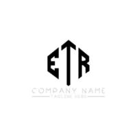 ETR letter logo design with polygon shape. ETR polygon and cube shape logo design. ETR hexagon vector logo template white and black colors. ETR monogram, business and real estate logo.