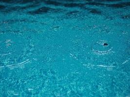 Rain drops falling blue water in pool background ripples on the surface texture, glittering bokeh abstract photo