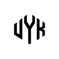 UYK letter logo design with polygon shape. UYK polygon and cube shape logo design. UYK hexagon vector logo template white and black colors. UYK monogram, business and real estate logo.