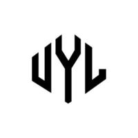 diseño de logotipo de letra uyl con forma de polígono. diseño de logotipo en forma de cubo y polígono uyl. uyl hexágono vector logo plantilla colores blanco y negro. monograma uyl, logotipo comercial e inmobiliario.