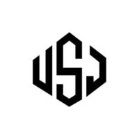 USJ letter logo design with polygon shape. USJ polygon and cube shape logo design. USJ hexagon vector logo template white and black colors. USJ monogram, business and real estate logo.