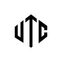 UTC letter logo design with polygon shape. UTC polygon and cube shape logo design. UTC hexagon vector logo template white and black colors. UTC monogram, business and real estate logo.