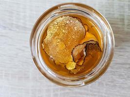 fresh bee honey from the beekeeper with finely shaved truffle slices photo