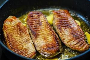 fried Duck breast with asian noodles fruits and vegetables photo