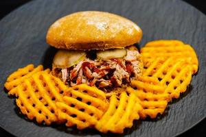 spicy Pulled Pork with golden fries photo