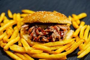 spicy Pulled Pork with golden fries photo